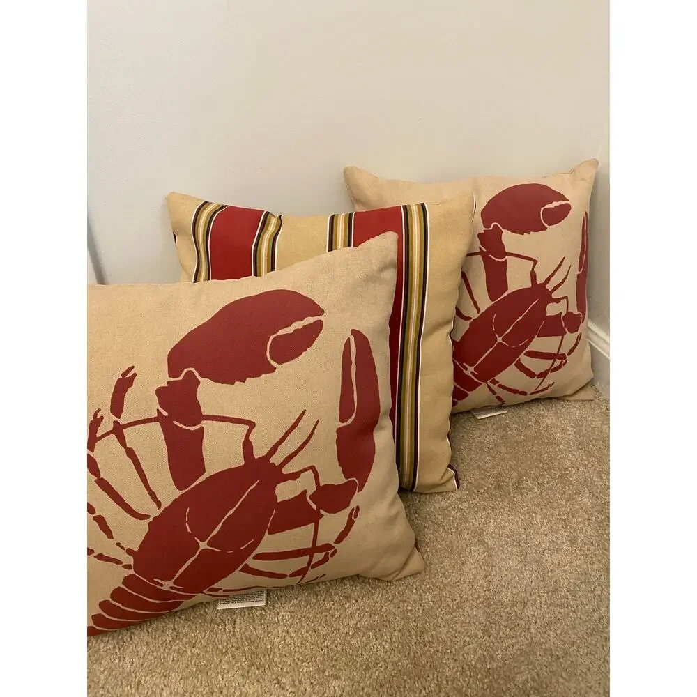 Set of 3 Hampton Bay Coastal Lobster & Stripe Throw Pillows Nautical Beach Decor